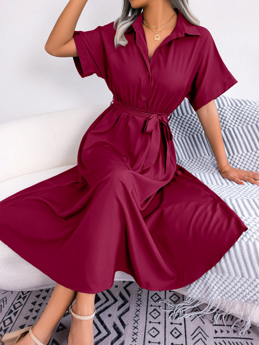 Short Sleeve Collared Tie Belt Dress Burgundy