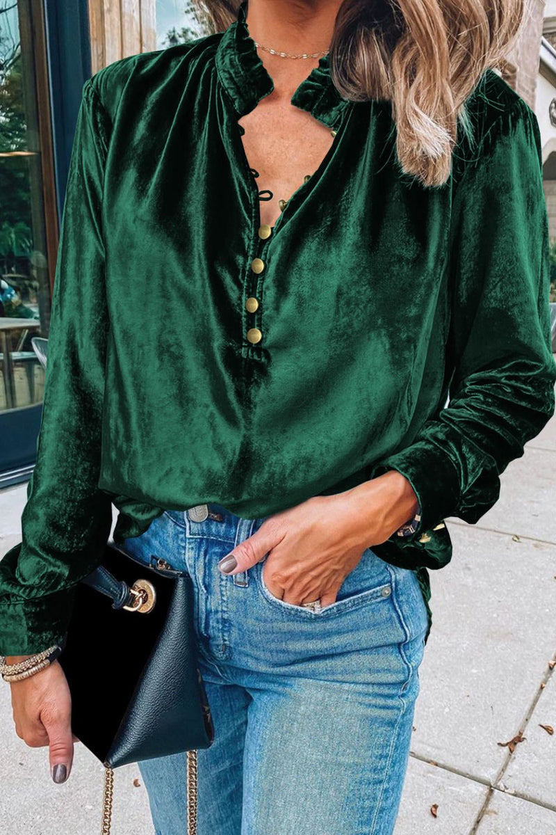 Frill Half Button Mock Neck Long Sleeve Blouse Dark Green