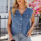 Pocketed Button Up Sleeveless Denim Jacket