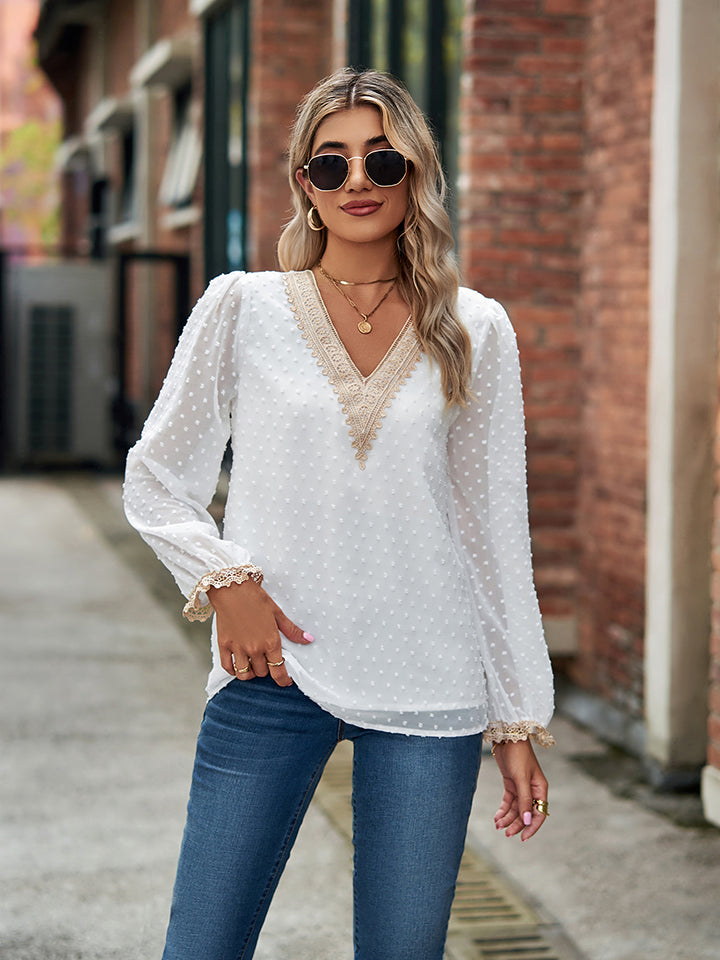 Swiss Dot V-Neck Long Sleeve Blouse