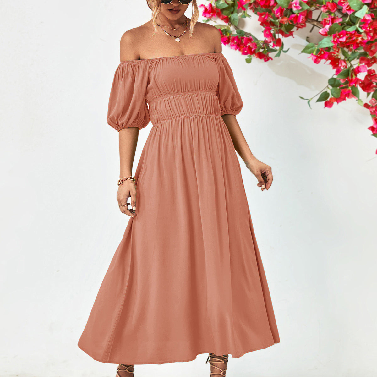 Off-Shoulder Balloon Sleeve Midi Dress