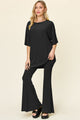 Double Take Full Size Round Neck Drop Shoulder T-Shirt and Flare Pants Set Black