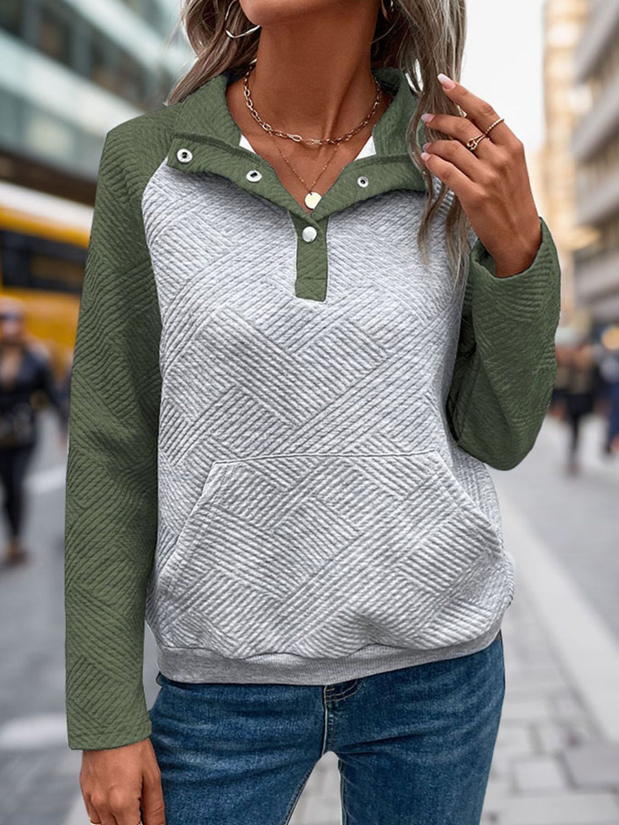 Perfee Contrast Textured Long Sleeve Sweatshirt Moss