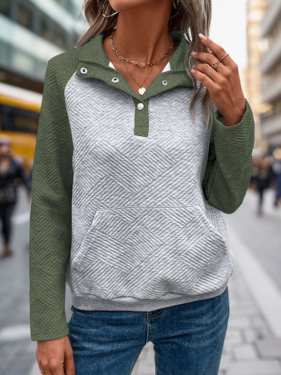 Perfee Contrast Textured Long Sleeve Sweatshirt Moss
