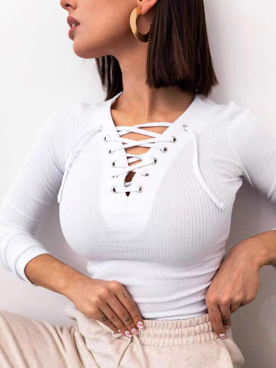 Lace Up Long Sleeve T-Shirt White