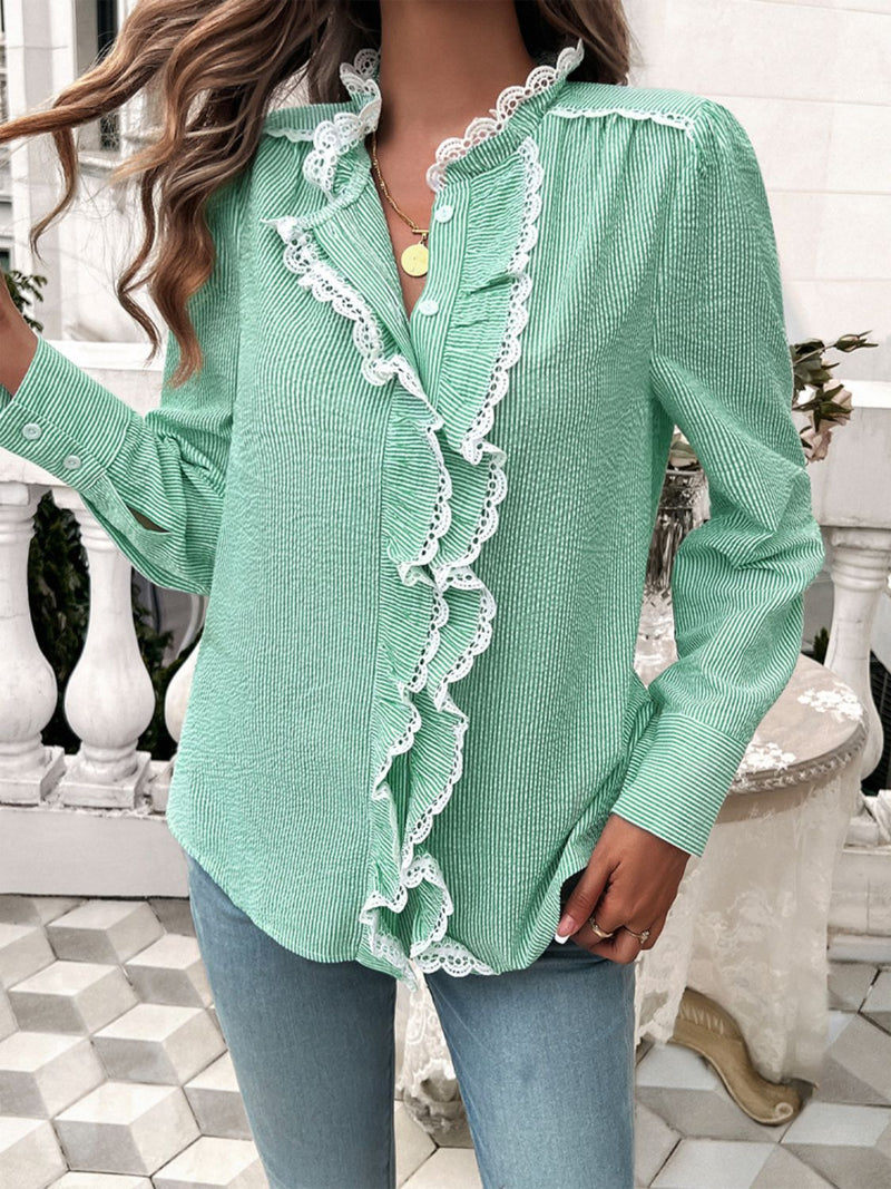 Devine Lace Detail Ruffled Round Neck Long Sleeve Shirt