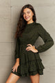 Leopard Smock Waist Long Sleeve Dress Army Green