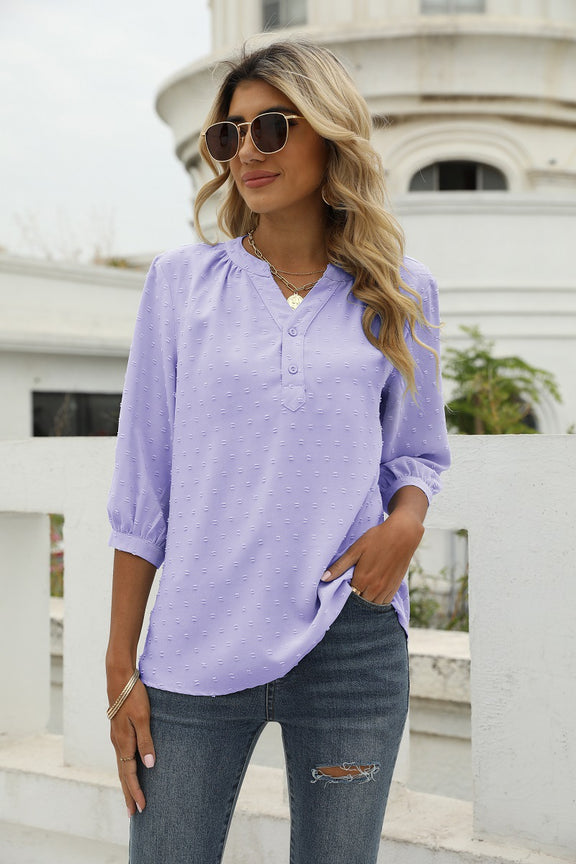 Swiss Dot Notched Neck Three-Quarter Sleeve Blouse Lavender