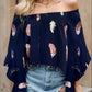 Feather Print Smocked Off-Shoulder Blouse