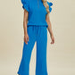 Double Take Full Size Texture Ruffle Short Sleeve Top and Wide Leg Pants Set