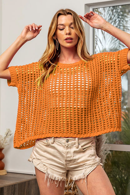 BiBi Hollowed Out Short Sleeve Knit Cover Up Orange