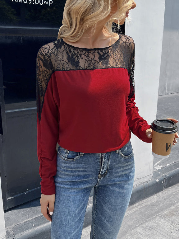 Ivy Lane Lace Long Sleeve Round Neck Tee Burgundy