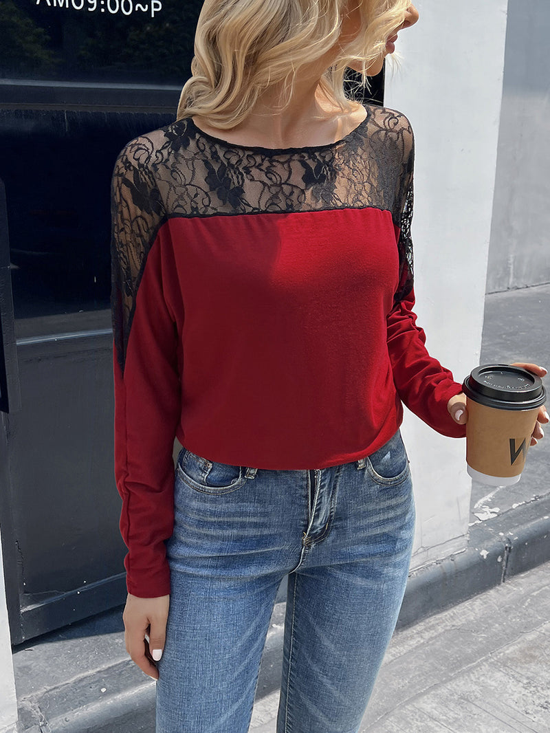 Ivy Lane Lace Long Sleeve Round Neck Tee Burgundy