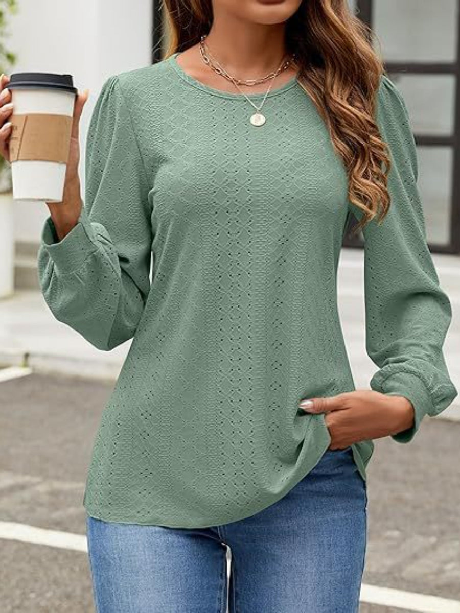 Eyelet Round Neck Long Sleeve Top Sage