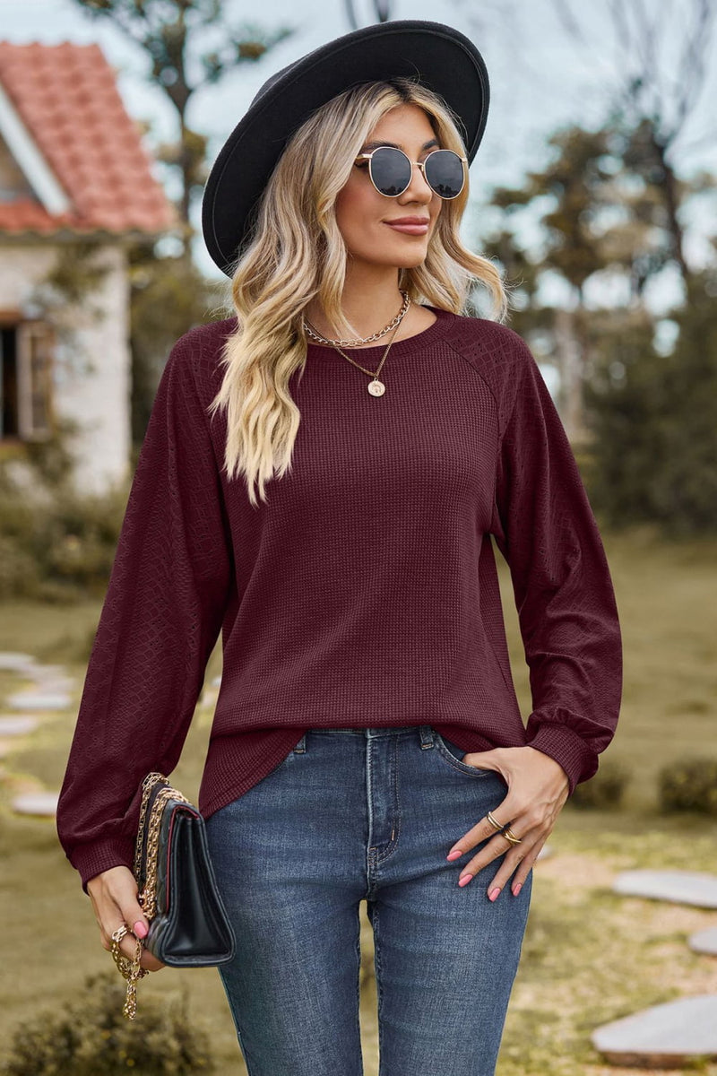 Round Neck Raglan Sleeve Sweatshirt Burgundy