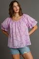 Umgee Full Size Jacquard Round Neck Ruffled Puff Sleeve Blouse Plus Size Pink Purple