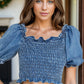 Smocked Square Neck Short Sleeve Denim Top