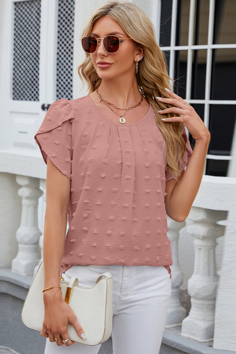 Swiss Dot Round Neck Petal Sleeve Blouse