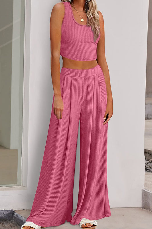 Scoop Neck Top and Wide Leg Pants Set