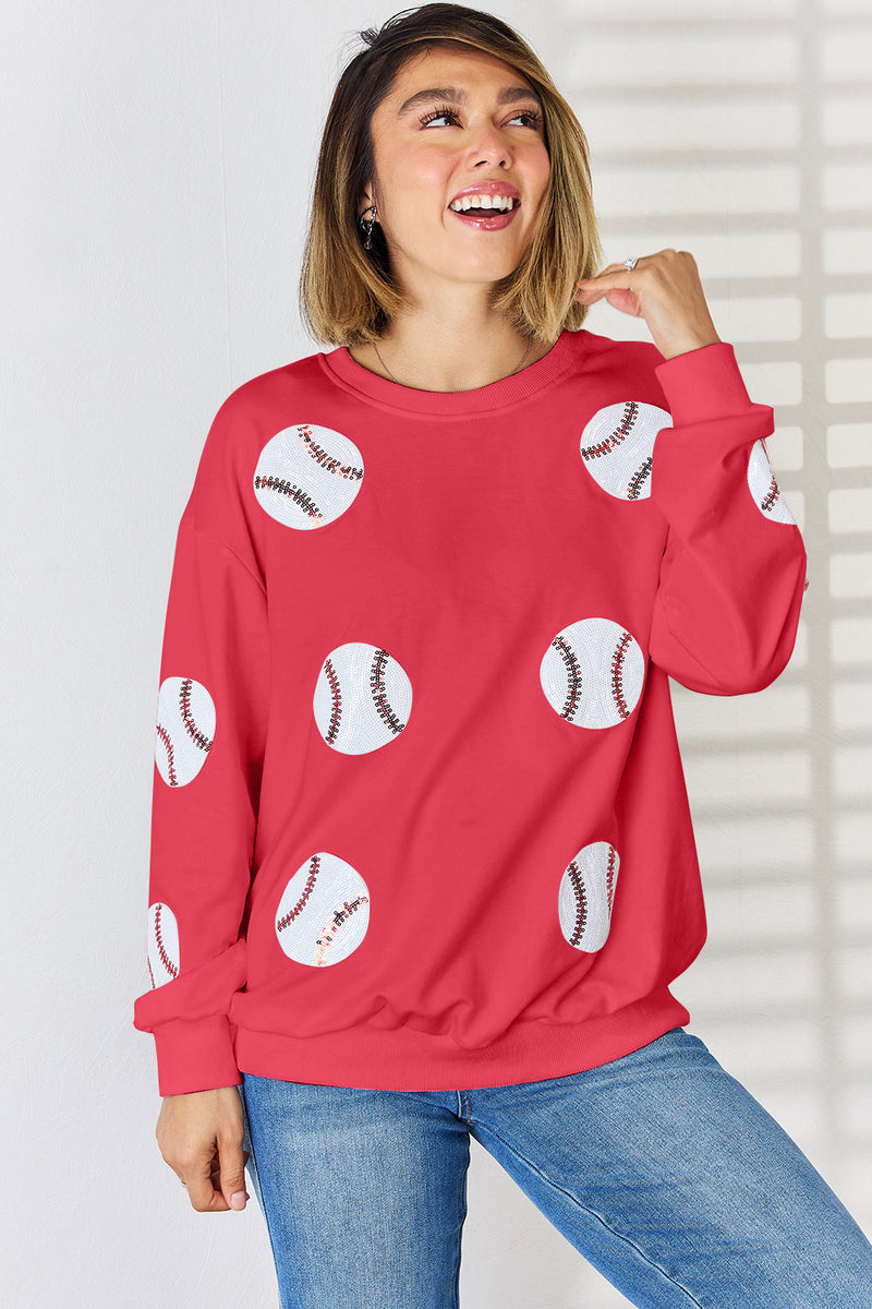 Sequin Baseball Round Neck Dropped Shoulder Sweatshirt Red