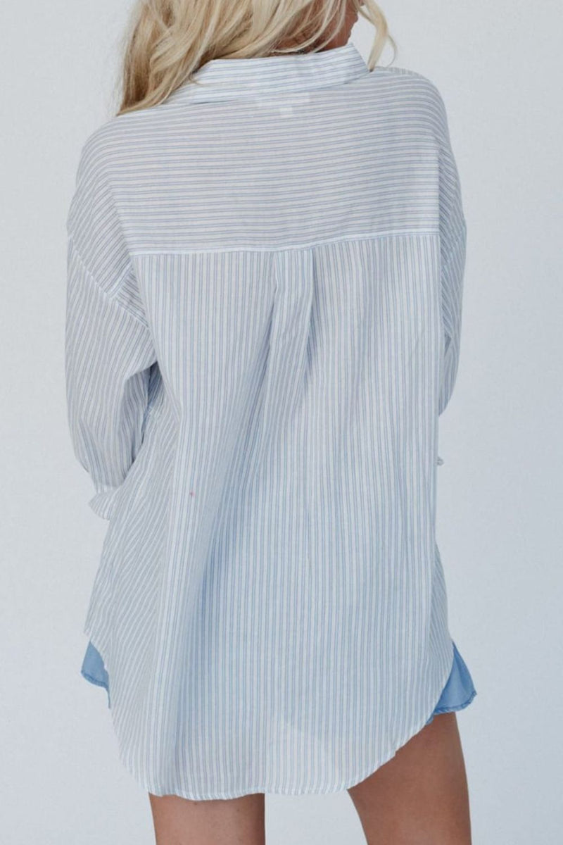 Frill Striped Collared Neck Long Sleeve Shirt