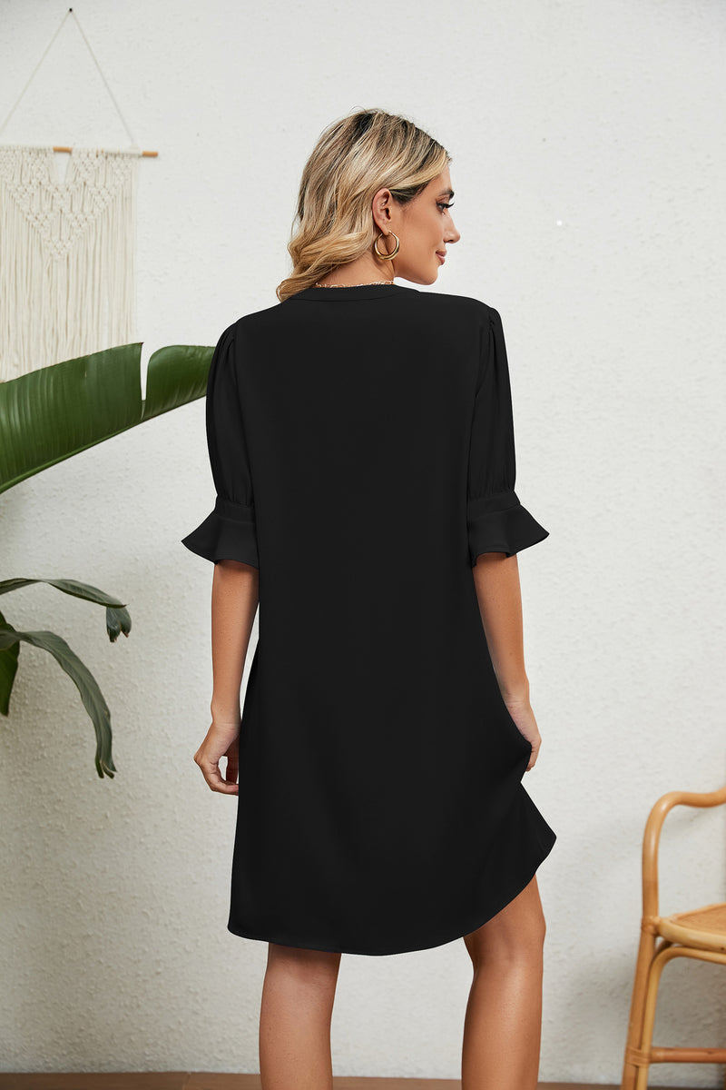 Notched Neck Flounce Sleeve Dress