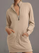 Zip Up Collared Ribbed Patchwork Sweatshirt Dress with Pockets Khaki