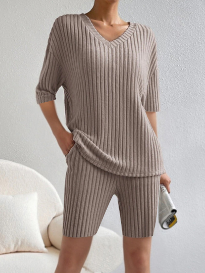 Ribbed V-Neck Top and Shorts Set Mocha