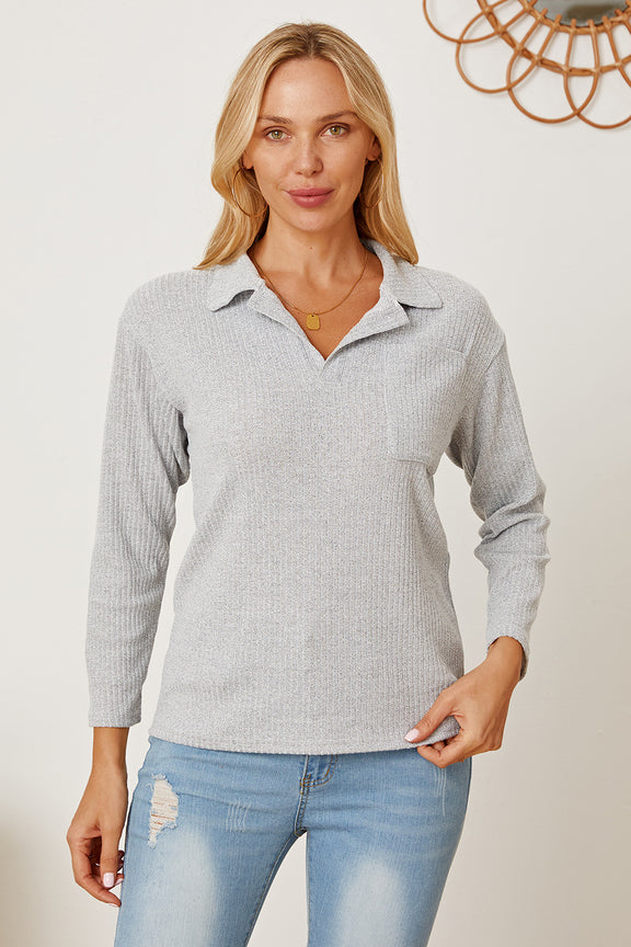 Collared Neck Dropped Shoulder T-Shirt Gray