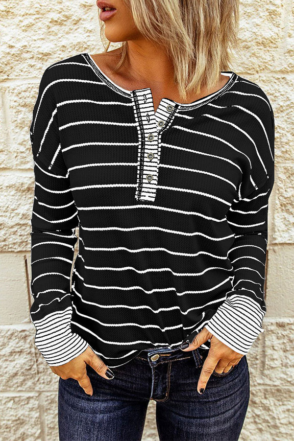 Striped Waffle Knit Henley Long Sleeve Top Black