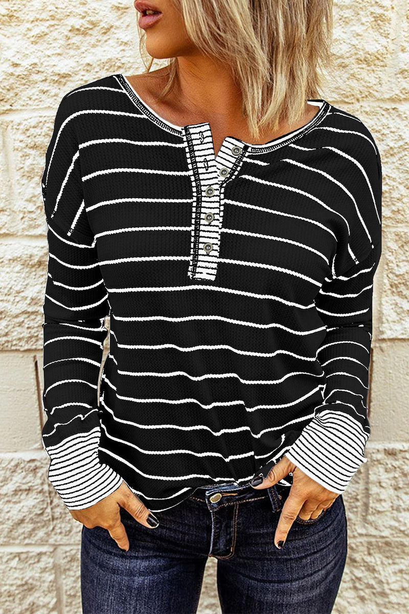 Striped Waffle Knit Henley Long Sleeve Top Black