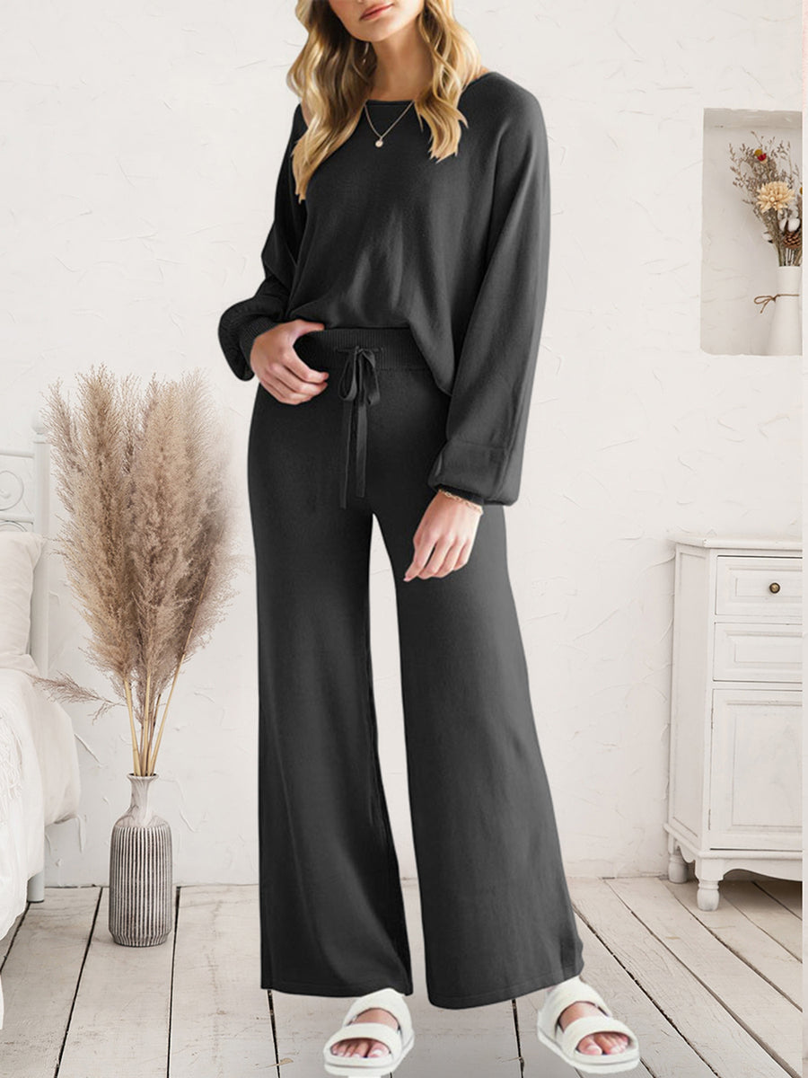 Long Sleeve Lounge Top and Drawstring Pants Set Black