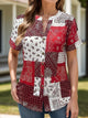Printed Notched Short Sleeve Blouse Deep Red