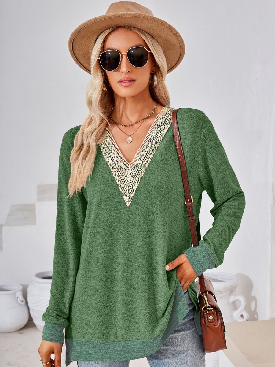 Crochet Contrast V-Neck Long Sleeve Slit T-Shirt Moss