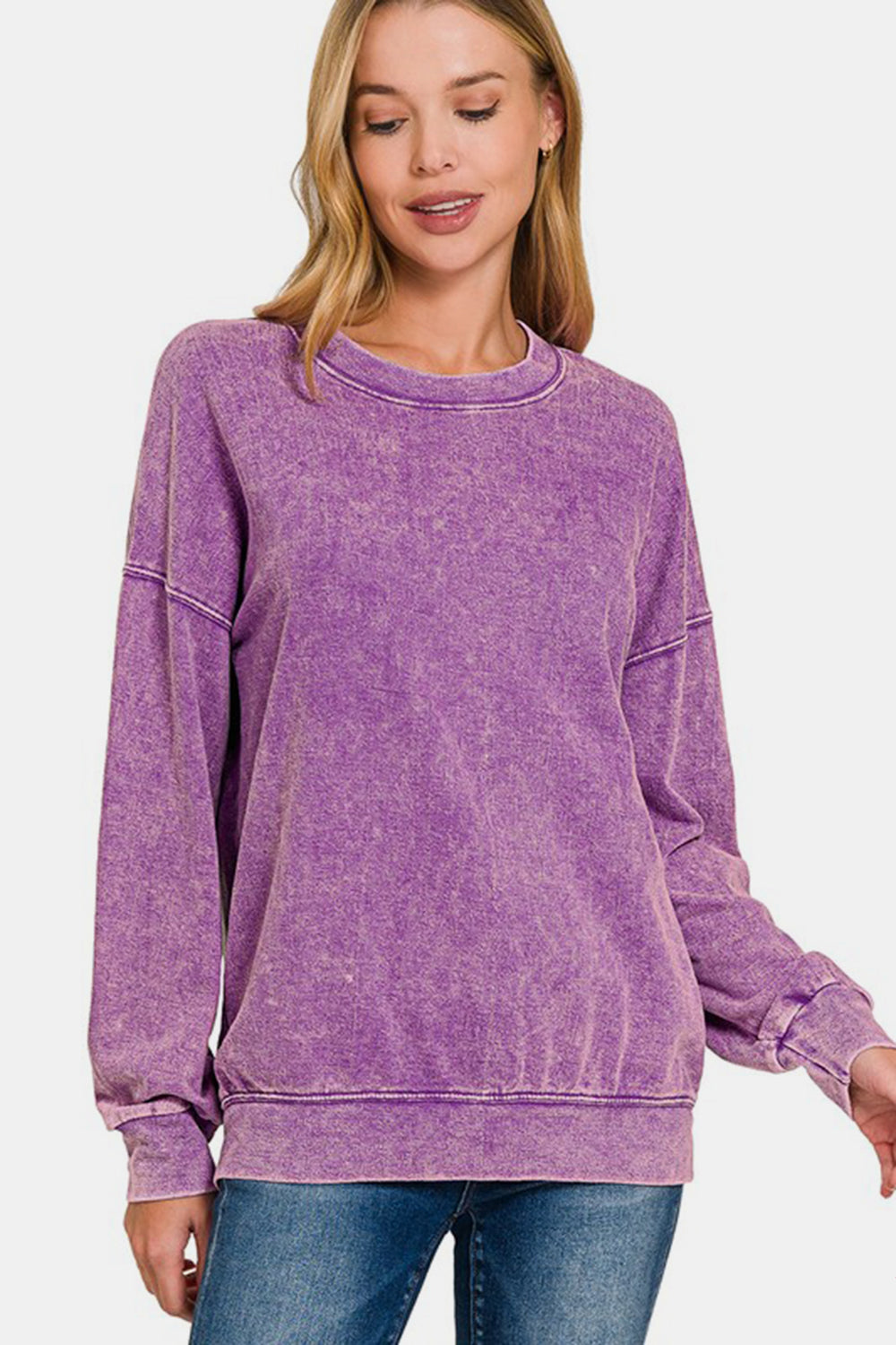 Zenana Washed Round Neck Dropped Shoulder Sweatshirt