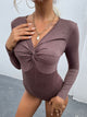 Perfee Twist Front V-Neck Long Sleeve Bodysuit Mocha