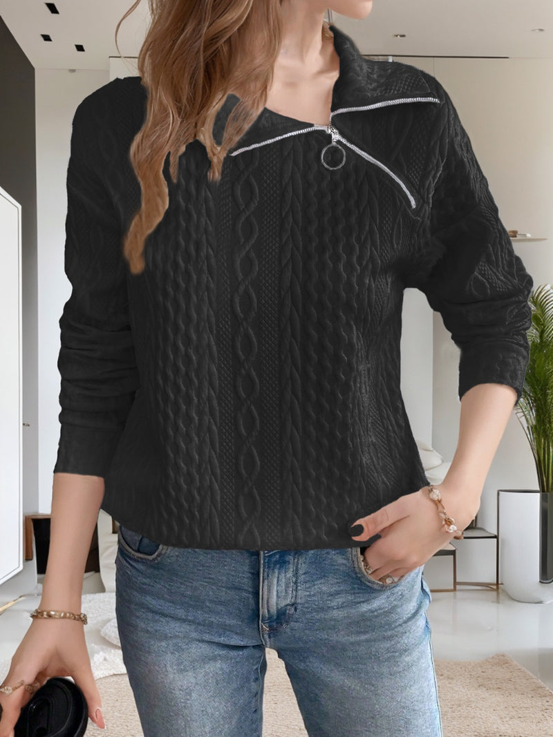 Oblique Zipper Collared Neck Long Sleeve Sweatshirt Black