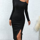 Asymmetrical Neck Drawstring Slit Dress