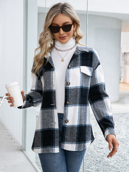 Ivy Lane Plaid Button Up Long Sleeve Shacket Black