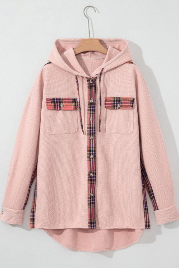 Waffle Knit Plaid Patchwork Drawstring Hooded Shacket