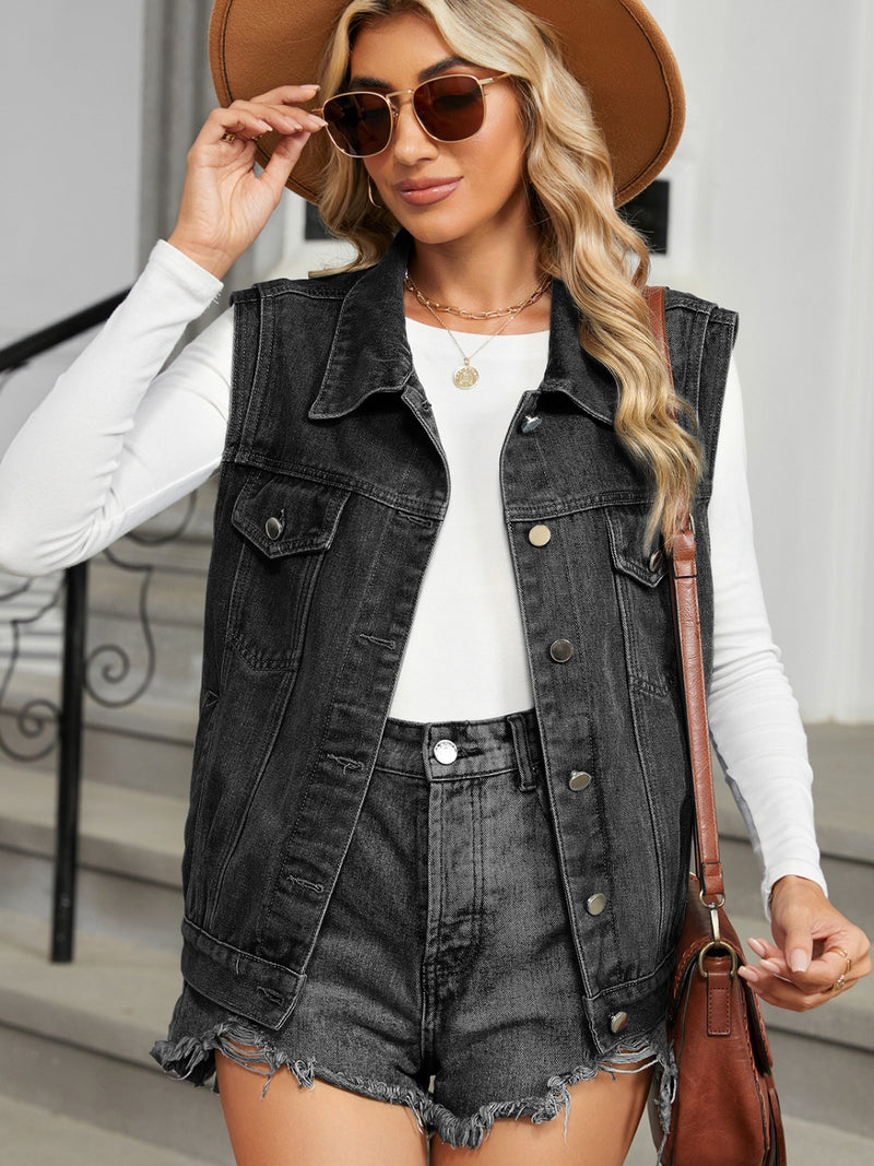 Pocketed Button Up Sleeveless Denim Jacket