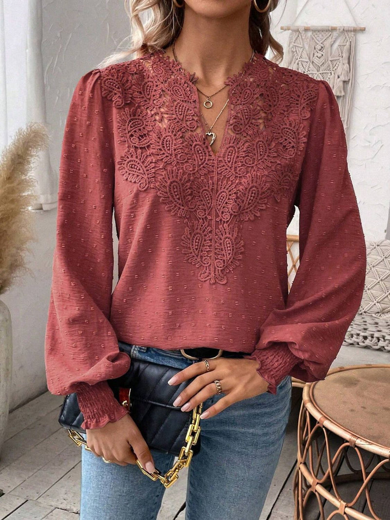 Swiss Dot Lace Detail Notched Long Sleeve Blouse Rust