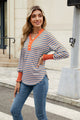 Contrast Striped Notched Long Sleeve Top Orange