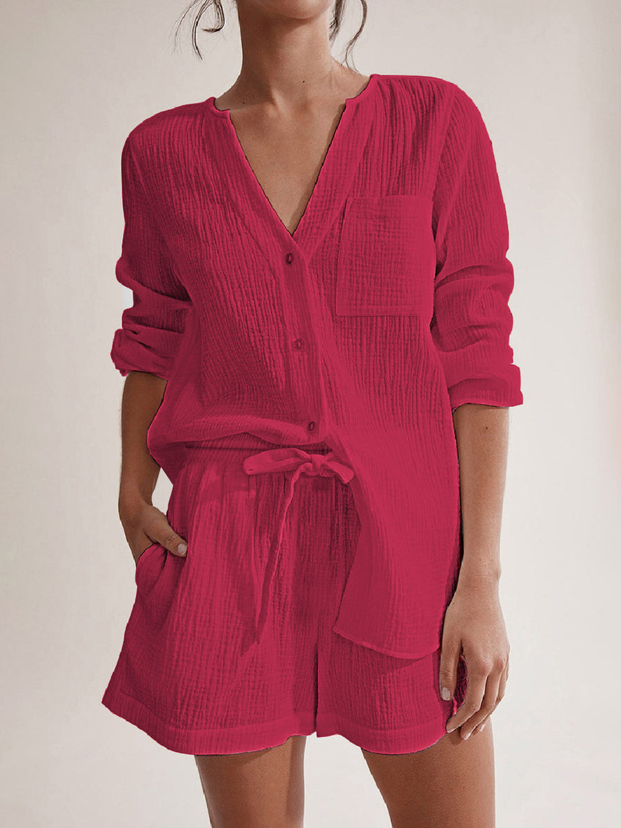 Notched Long Sleeve Top and Shorts Set Cerise