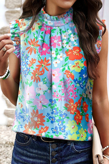 Ruffled Printed Mock Neck Cap Sleeve Blouse