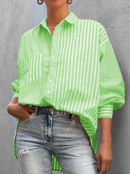 Striped Button Down Long Sleeve Shirt Neon Green