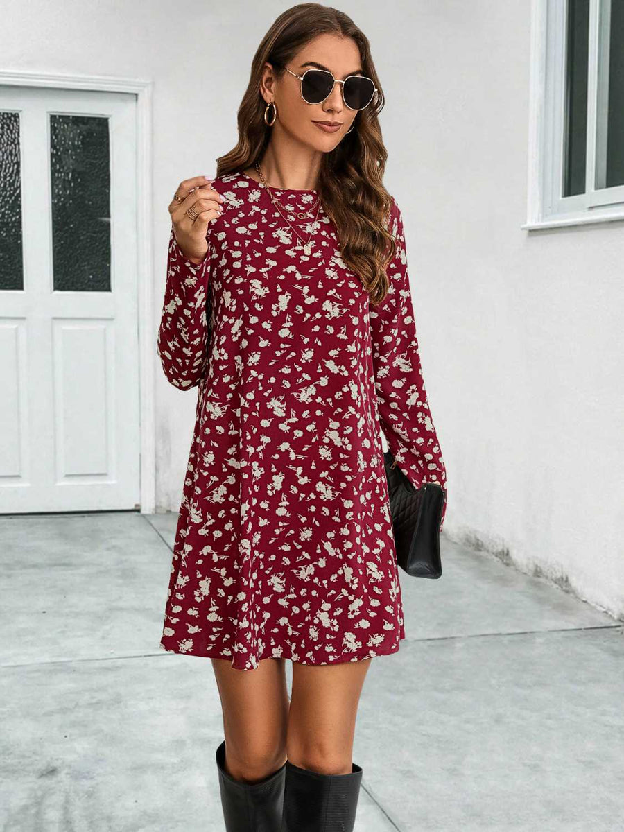 Round Neck Long Sleeve Mini Dress Deep Red