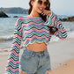 Striped Boat Neck Long Sleeve Cover Up