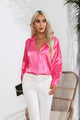 Lapel Collar Button Up Long Sleeve Shirt Hot Pink