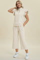Double Take Full Size Texture Ruffle Short Sleeve Top and Wide Leg Pants Set Ivory